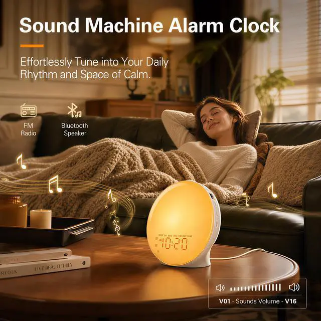 Alt view image 7 of 7 - Full-Screen Wake Up Light Sunrise Alarm Clocks for Bedrooms, White Noise Machine for Heavy Sleepers, 25 Natural Sounds, Dual Alarms, FM Radio, 17 Dimmable Colors, Bluetooth Speaker