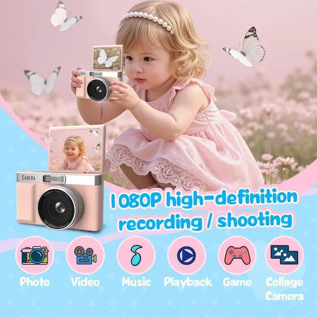 Alt view image 2 of 6 - Kids Digital Camera with 180° Flip Screen, 32GB Memory Card Digital Cameras,1080P HD Point and Shoot Digital Cameras, Built in Educational Games,Ideal Gifts for Kids Boys Girls(Pink)