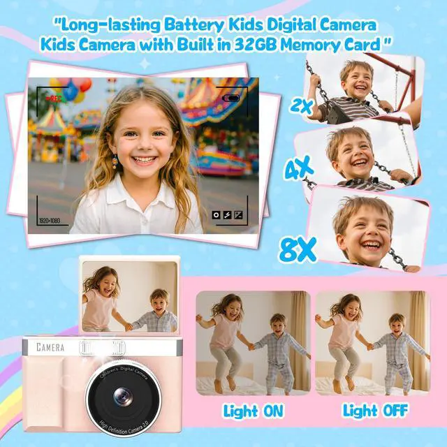 Alt view image 5 of 6 - Kids Digital Camera with 180° Flip Screen, 32GB Memory Card Digital Cameras,1080P HD Point and Shoot Digital Cameras, Built in Educational Games,Ideal Gifts for Kids Boys Girls(Pink)