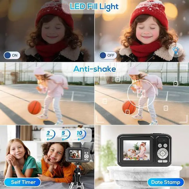 Alt view image 6 of 7 - Digital Camera for Kids, 48MP FHD 1080P Point and Shoot Digital Cameras with 16X Zoom Anti-Shake, Compact Portable Cameras for Photography, for Boys Girls Teens Beginners