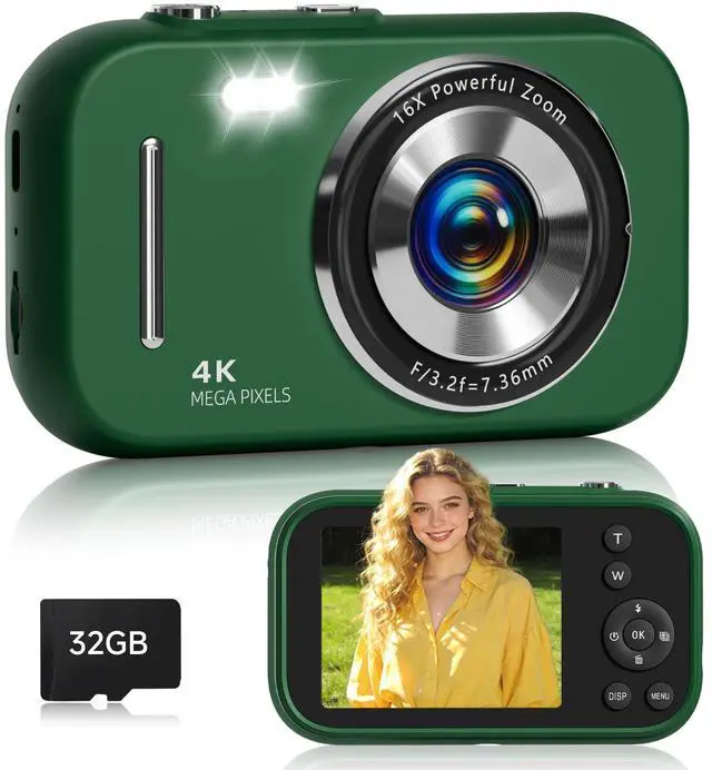 Main image of Digital Camera,4K 48MP Compact Camera for Teens,16X Zoom Anti Shake,32GB SD Card,21 Filters,Framing Grid, Date Stamp,Slow Motion,MP3 Function,Travel Small Camera for Boys Girls,Green