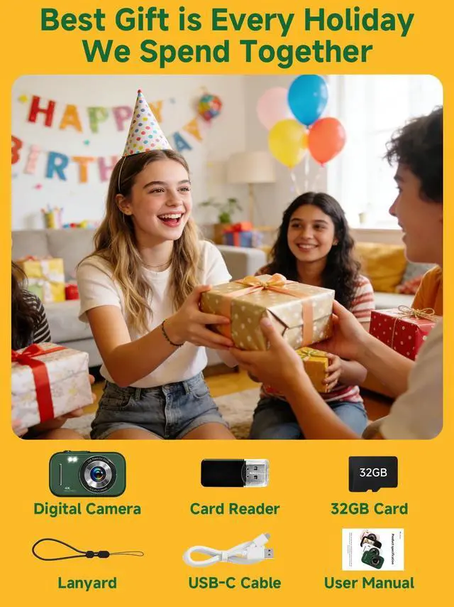 Alt view image 6 of 6 - Digital Camera,4K 48MP Compact Camera for Teens,16X Zoom Anti Shake,32GB SD Card,21 Filters,Framing Grid, Date Stamp,Slow Motion,MP3 Function,Travel Small Camera for Boys Girls,Green