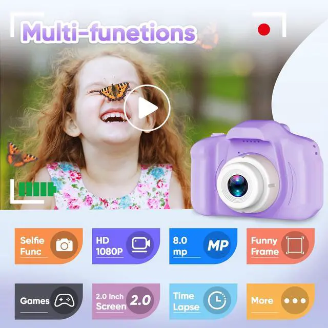 Alt view image 3 of 6 - Upgrade Kids Selfie Camera, Christmas Birthday Gifts for Girls Age 3-9, HD Digital Video Cameras for Toddler, Portable Toy for 3 4 5 6 7 8 Year Old Girl with SD Card-Purple White