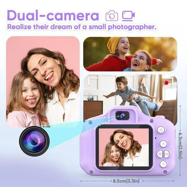 Alt view image 4 of 6 - Upgrade Kids Selfie Camera, Christmas Birthday Gifts for Girls Age 3-9, HD Digital Video Cameras for Toddler, Portable Toy for 3 4 5 6 7 8 Year Old Girl with SD Card-Purple White