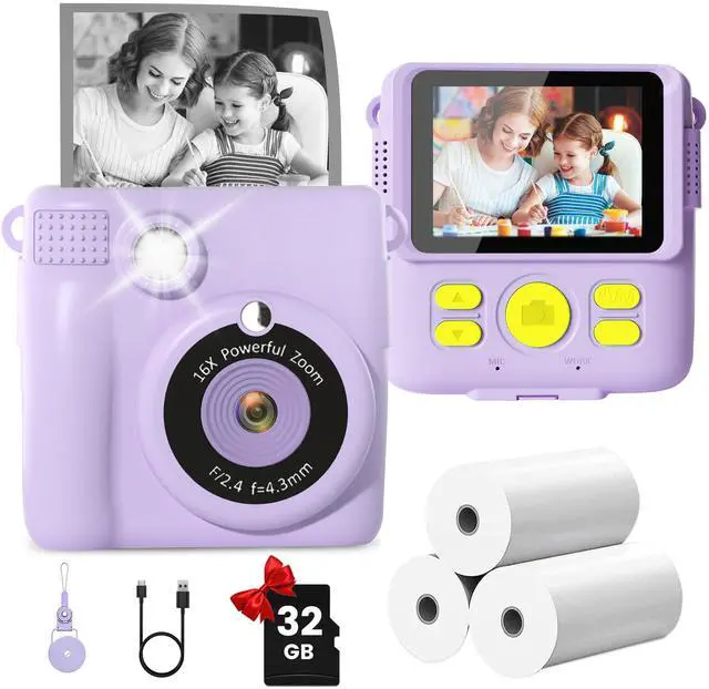 Main image of Kids Camera Instant Print - 2.4" Eye-Care Digital Video Camera for Toddlers & Kids Ages 3-12, with 3 Rolls Paper & 32GB SD Card, 1080P, 18 Frames, Birthday Christmas Valentines Gifts for Girls