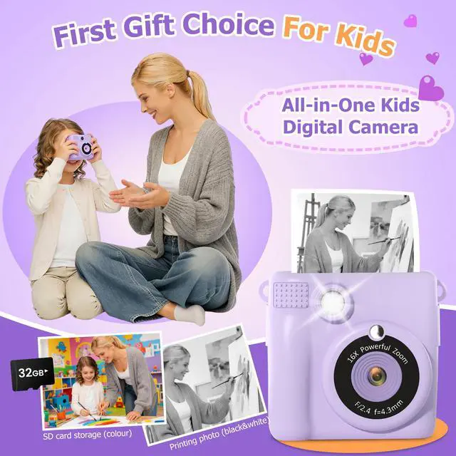 Alt view image 2 of 7 - Kids Camera Instant Print - 2.4" Eye-Care Digital Video Camera for Toddlers & Kids Ages 3-12, with 3 Rolls Paper & 32GB SD Card, 1080P, 18 Frames, Birthday Christmas Valentines Gifts for Girls