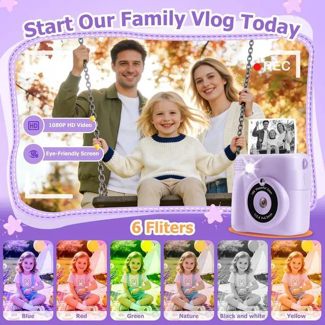 Alt view image 5 of 7 - Kids Camera Instant Print - 2.4" Eye-Care Digital Video Camera for Toddlers & Kids Ages 3-12, with 3 Rolls Paper & 32GB SD Card, 1080P, 18 Frames, Birthday Christmas Valentines Gifts for Girls