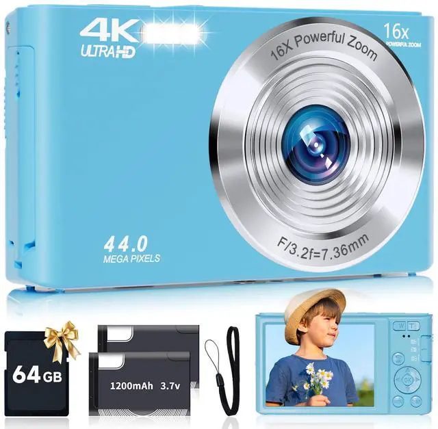 Main image of Digital Camera for Teens, FHD 4K 44MP with 64GB SD Card, 16X Digital Zoom, Compact Point Shoot Camera Blue