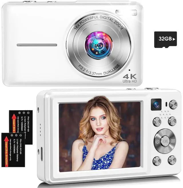 Main image of Digital Camera, 4K 64MP Autofocus Point and Shoot Digital Camera with Front & Rear Camera,2026 Latest 16X Zoom Compact Travel Vlogging Camera for Teens Adults, 32GB Card, 2 Batteries(White)