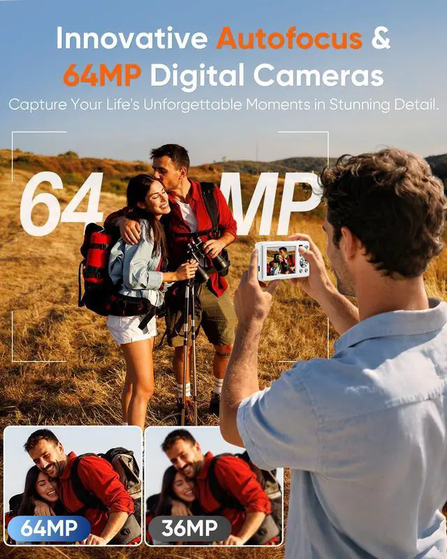 Alt view image 3 of 7 - Digital Camera, 4K 64MP Autofocus Point and Shoot Digital Camera with Front & Rear Camera,2026 Latest 16X Zoom Compact Travel Vlogging Camera for Teens Adults, 32GB Card, 2 Batteries(White)