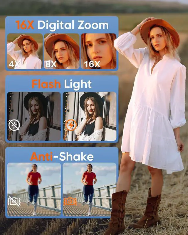 Alt view image 5 of 7 - Digital Camera, 4K 64MP Autofocus Point and Shoot Digital Camera with Front & Rear Camera,2026 Latest 16X Zoom Compact Travel Vlogging Camera for Teens Adults, 32GB Card, 2 Batteries(White)