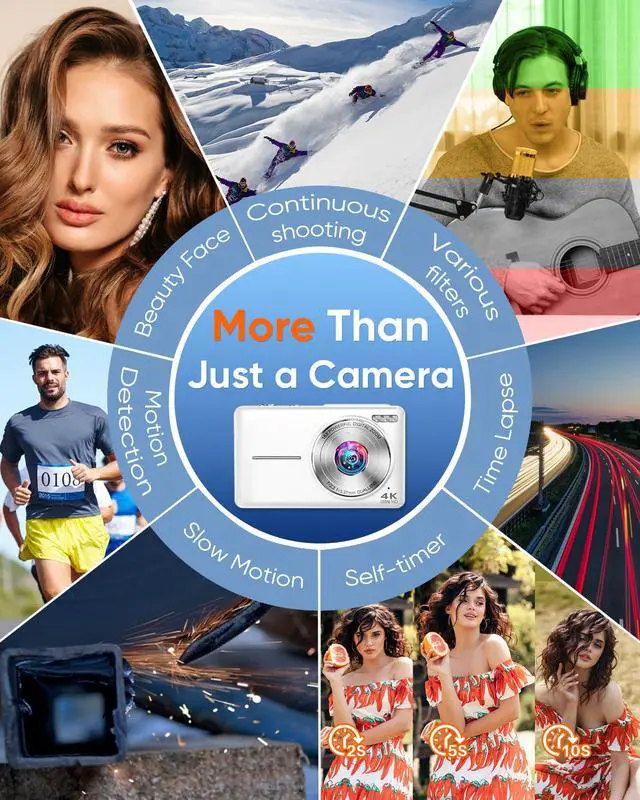 Alt view image 6 of 7 - Digital Camera, 4K 64MP Autofocus Point and Shoot Digital Camera with Front & Rear Camera,2026 Latest 16X Zoom Compact Travel Vlogging Camera for Teens Adults, 32GB Card, 2 Batteries(White)
