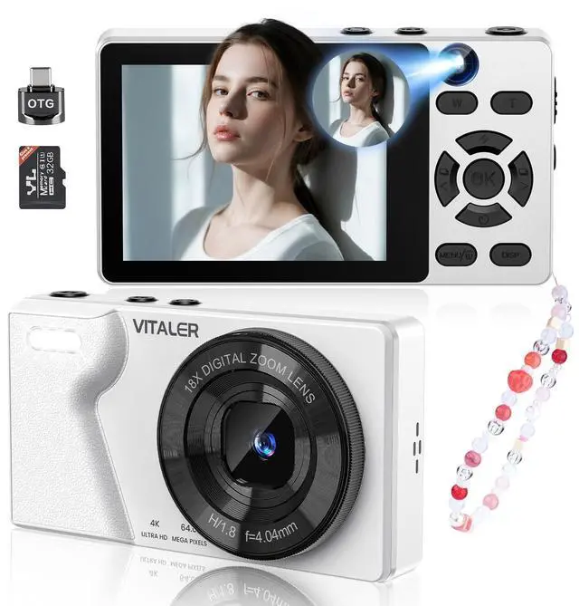 Main image of Digital Camera with Front Rear Lens, Autofocus 64MP 4K Camera for Photography with 32GB Card, Portable Compact Point and Shoot Camera for Teens Adult Beginner with Metal Shell, 2000mAh Battery