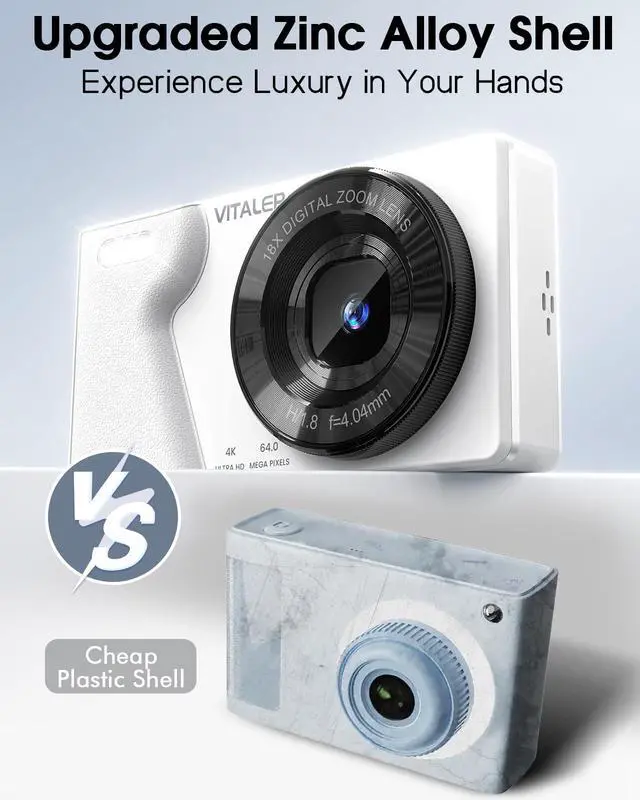 Alt view image 4 of 7 - Digital Camera with Front Rear Lens, Autofocus 64MP 4K Camera for Photography with 32GB Card, Portable Compact Point and Shoot Camera for Teens Adult Beginner with Metal Shell, 2000mAh Battery