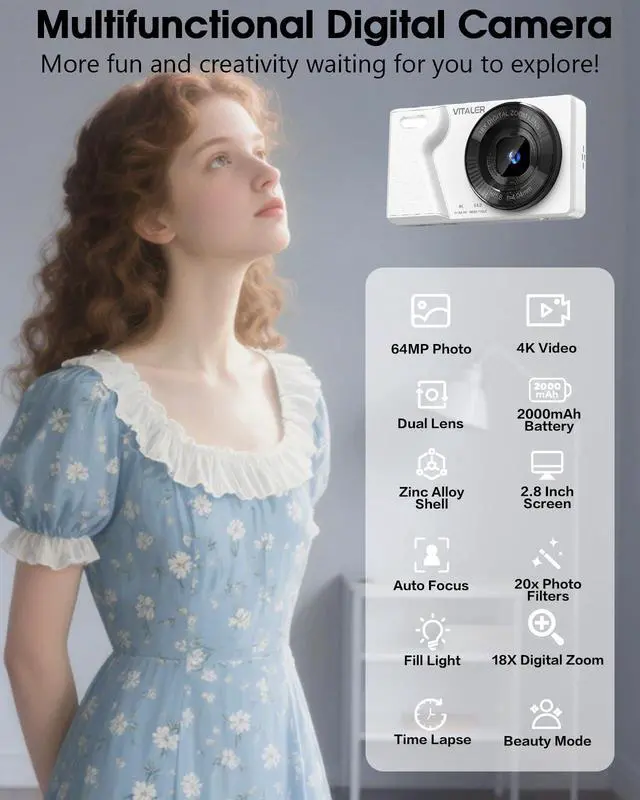 Alt view image 5 of 7 - Digital Camera with Front Rear Lens, Autofocus 64MP 4K Camera for Photography with 32GB Card, Portable Compact Point and Shoot Camera for Teens Adult Beginner with Metal Shell, 2000mAh Battery