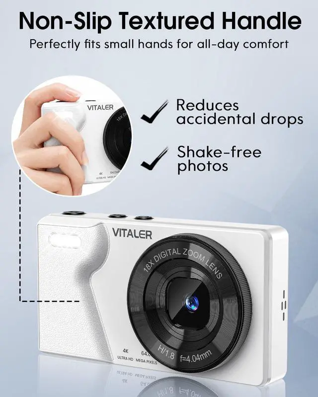 Alt view image 6 of 7 - Digital Camera with Front Rear Lens, Autofocus 64MP 4K Camera for Photography with 32GB Card, Portable Compact Point and Shoot Camera for Teens Adult Beginner with Metal Shell, 2000mAh Battery