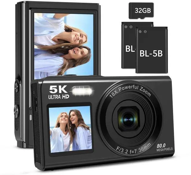 Main image of 5K Digital Camera,80MP Vlogging Camera for YouTube with 18X Digital Zoom | Dual Screens,WIFI,Flash,32GB TF Card & 2 Batteries,Portable Compact Camera for Kids Teens Adult