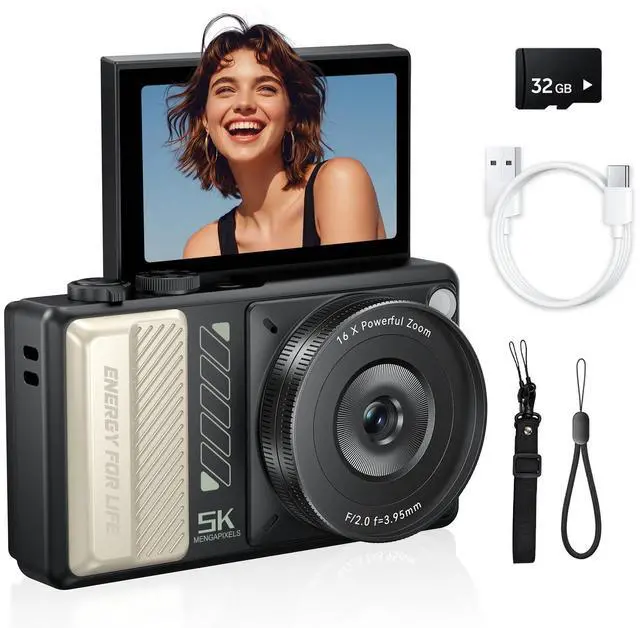 Main image of 5K Digital Camera for Photography, 2026 Latest 80MP Autofocus WiFi Vlogging Camera for YouTube, 3'' 180° Flip Screen Compact Travel Camera for Beginners with 16X Zoom, 32GB TF Card, Flash (Black)