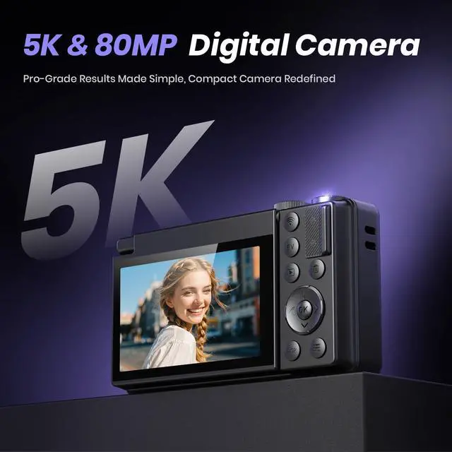 Alt view image 2 of 7 - 5K Digital Camera for Photography, 2026 Latest 80MP Autofocus WiFi Vlogging Camera for YouTube, 3'' 180° Flip Screen Compact Travel Camera for Beginners with 16X Zoom, 32GB TF Card, Flash (Black)