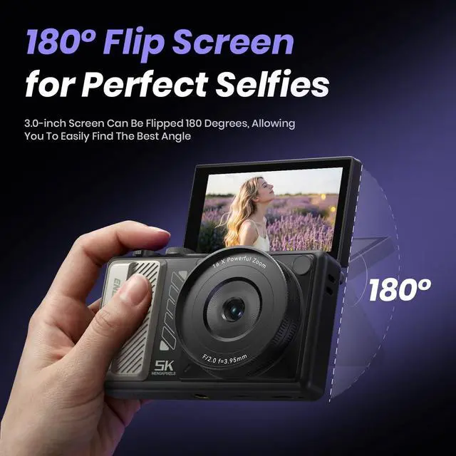 Alt view image 3 of 7 - 5K Digital Camera for Photography, 2026 Latest 80MP Autofocus WiFi Vlogging Camera for YouTube, 3'' 180° Flip Screen Compact Travel Camera for Beginners with 16X Zoom, 32GB TF Card, Flash (Black)
