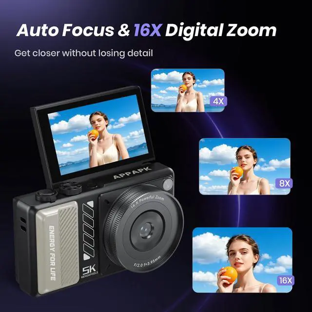 Alt view image 4 of 7 - 5K Digital Camera for Photography, 2026 Latest 80MP Autofocus WiFi Vlogging Camera for YouTube, 3'' 180° Flip Screen Compact Travel Camera for Beginners with 16X Zoom, 32GB TF Card, Flash (Black)
