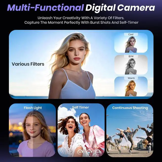 Alt view image 6 of 7 - 5K Digital Camera for Photography, 2026 Latest 80MP Autofocus WiFi Vlogging Camera for YouTube, 3'' 180° Flip Screen Compact Travel Camera for Beginners with 16X Zoom, 32GB TF Card, Flash (Black)