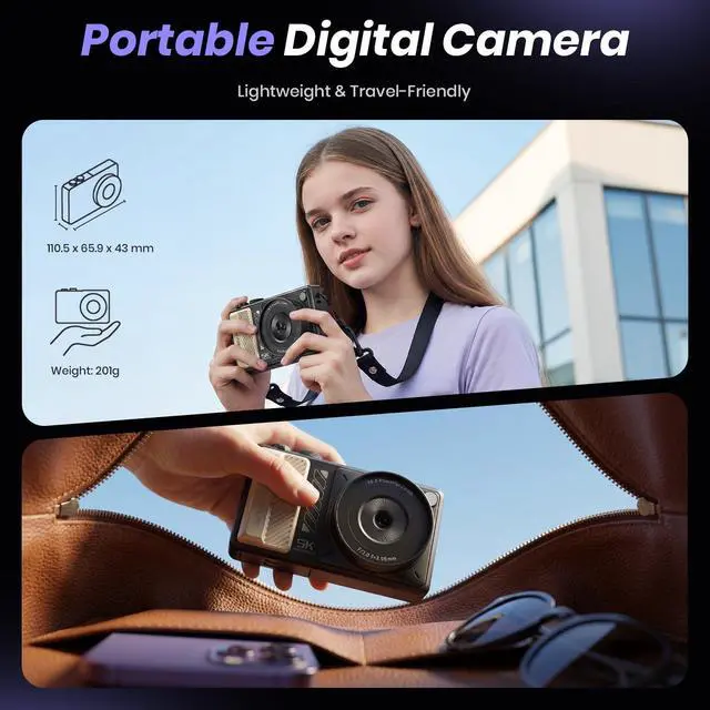 Alt view image 7 of 7 - 5K Digital Camera for Photography, 2026 Latest 80MP Autofocus WiFi Vlogging Camera for YouTube, 3'' 180° Flip Screen Compact Travel Camera for Beginners with 16X Zoom, 32GB TF Card, Flash (Black)