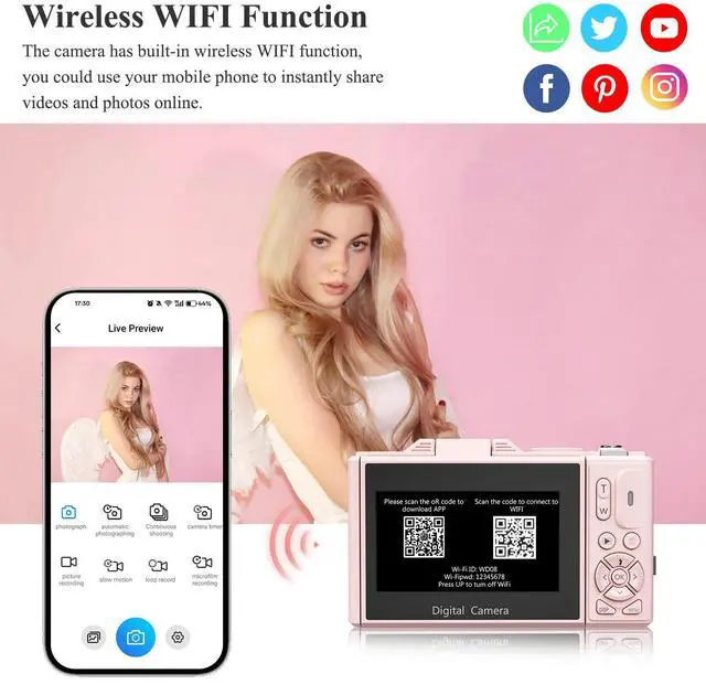 Alt view image 3 of 7 - 4K Digital Camera for Photography, 64MP Vlogging Camera for YouTube, WiFi Vlog Cameras with 18X Digital Zoom, 3'' Flip Screen and 32GB TF Card, Pink