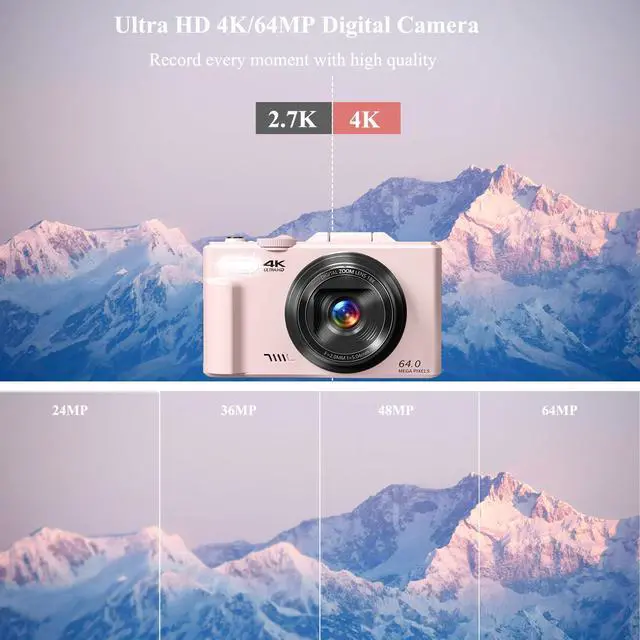 Alt view image 2 of 7 - 4K Digital Camera for Photography, 64MP Vlogging Camera for YouTube, WiFi Vlog Cameras with 18X Digital Zoom, 3'' Flip Screen and 32GB TF Card, Pink