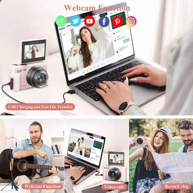 Alt view image 5 of 7 - 4K Digital Camera for Photography, 64MP Vlogging Camera for YouTube, WiFi Vlog Cameras with 18X Digital Zoom, 3'' Flip Screen and 32GB TF Card, Pink
