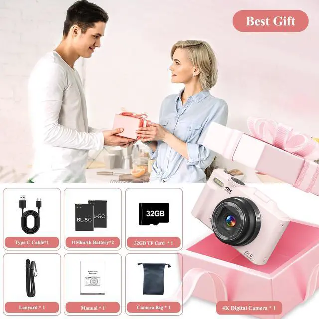 Alt view image 7 of 7 - 4K Digital Camera for Photography, 64MP Vlogging Camera for YouTube, WiFi Vlog Cameras with 18X Digital Zoom, 3'' Flip Screen and 32GB TF Card, Pink