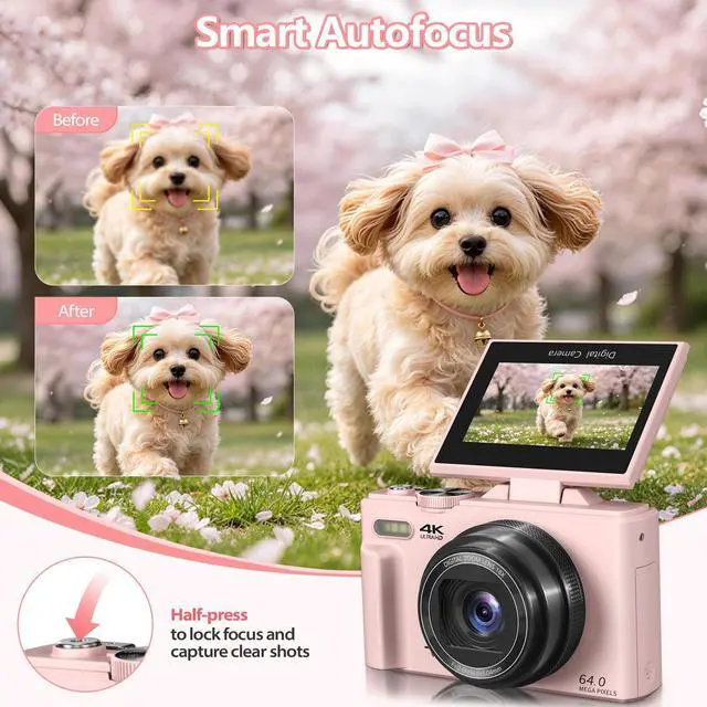 Alt view image 3 of 7 - 4K Digital Camera for Photography, 64MP Vlogging Camera for YouTube with 3" 180° Flip Screen, WiFi Compact Camera with 18X Digital Zoom, Comes with 32GB Micro SD Card & 2 Batteries, Pink