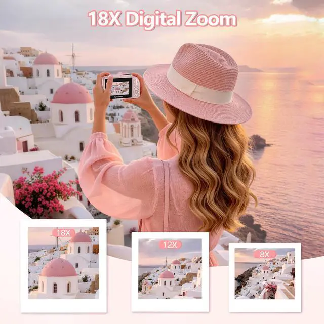Alt view image 4 of 7 - 4K Digital Camera for Photography, 64MP Vlogging Camera for YouTube with 3" 180° Flip Screen, WiFi Compact Camera with 18X Digital Zoom, Comes with 32GB Micro SD Card & 2 Batteries, Pink