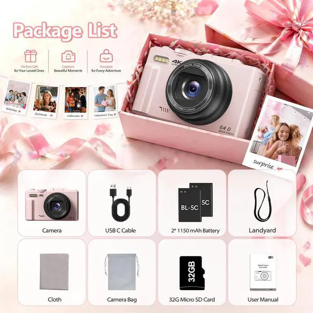 Alt view image 7 of 7 - 4K Digital Camera for Photography, 64MP Vlogging Camera for YouTube with 3" 180° Flip Screen, WiFi Compact Camera with 18X Digital Zoom, Comes with 32GB Micro SD Card & 2 Batteries, Pink
