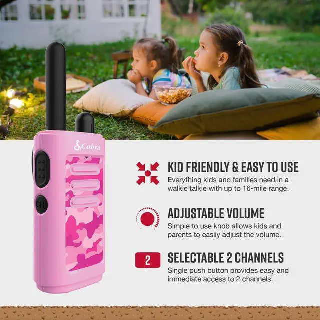 Alt view image 3 of 6 - HE150 P - Kid Friendly Walkie Talkies - 16-Mile Range, 2 Channels Two-Way Radio Set, Pink, (2-Pack)