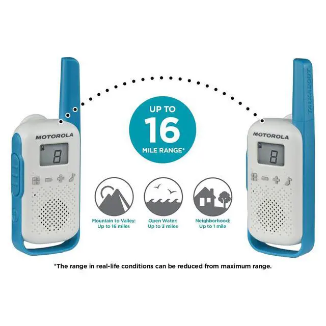 Alt view image 7 of 7 - Portable FRS, T114, Talkabout, Two-Way Radios, Battery Operated, 22 Channel, 16 Mile, White/Blue, 2 Pack