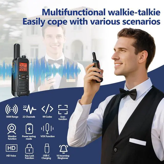 Alt view image 2 of 7 - FRS Rechargeable Walkie Talkies for Adults with Earpieces, Long Range Two-Way Radios, 10+ Features, VOX, SOS, 4-Day Standby - Ideal for Restaurant, Retail, Hospitality & Outdoor