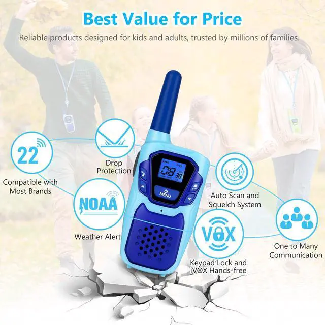 Alt view image 6 of 7 - Walkie Talkies for Kids Long Range Walkie-Talkie for Adults Rechargeable 4 Pack with Lanyard NOAA USB, Family Pink 2 Way Radio Toys for 3-12 Year Old Boys Girls Toddlers Camping Skiing