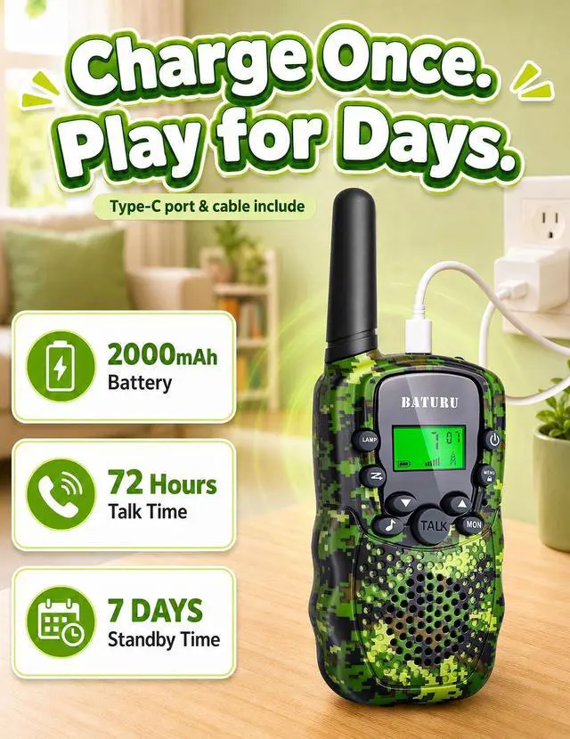 Alt view image 3 of 7 - Walkie Talkies for Kids 4 Pack Outdoor Toys Games for Boys Girls 3 Miles Long Range Walkie Talkie Rechargeable with Clear Sound Camping, Hiking, Birthday Gifts for 3 4 5 6 7 8 9 10 11 12 Year Old Kids