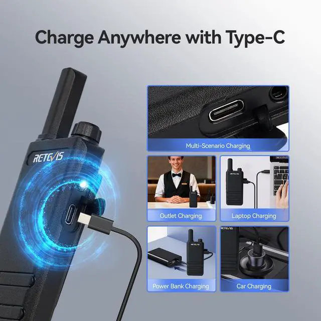Alt view image 5 of 7 - RT22P,New Version of RT22(2.0),Rechargeable Walkie Talkies for Adults,Compact FRS Two-Way Radios,VOX Handsfree,1620mAh Large Battery,USB C Charger,2 Way Radio for Small Store Hotel(4 Pack)