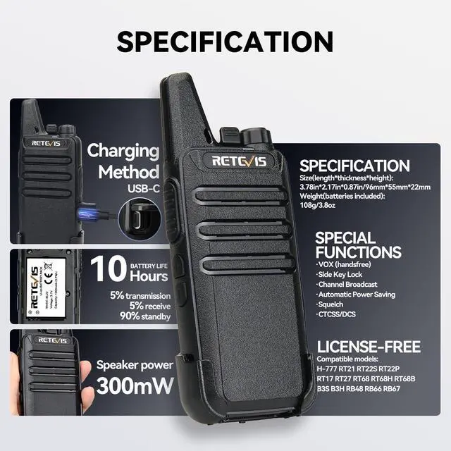 Alt view image 7 of 7 - RT22 Walkie Talkies for Adults, Two Way Radios Long Range Rechargeable, VOX Handsfree, Mini Compact Walkie Talkie with USB Charger, for School Church Restaurant (6 Pack)