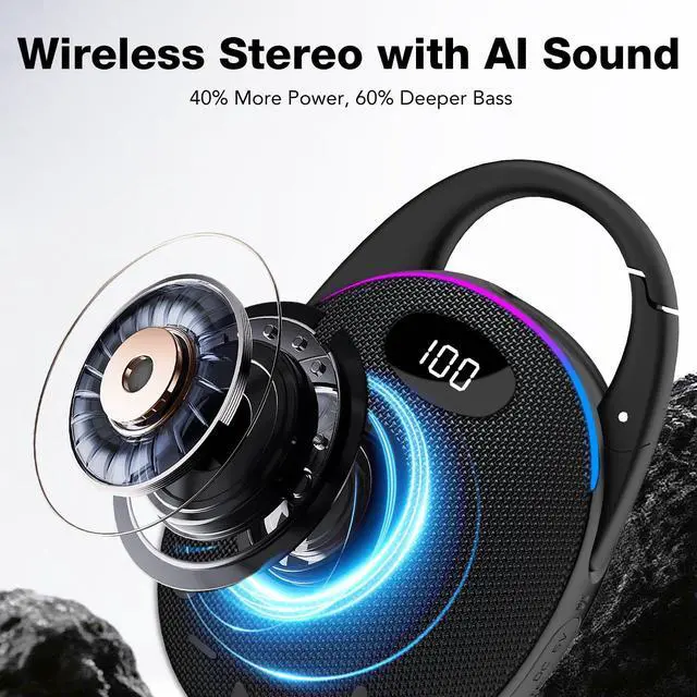 Alt view image 2 of 7 - Portable Mini Bluetooth Speaker with HD Sound, LED Power Display, Big Pro Sound with Punchy Bass,Integrated Carabiner, 25H Playtime, Colorful RGB Lights, TWS pairing,Outdoor/Party/Travel, Gift Ideas