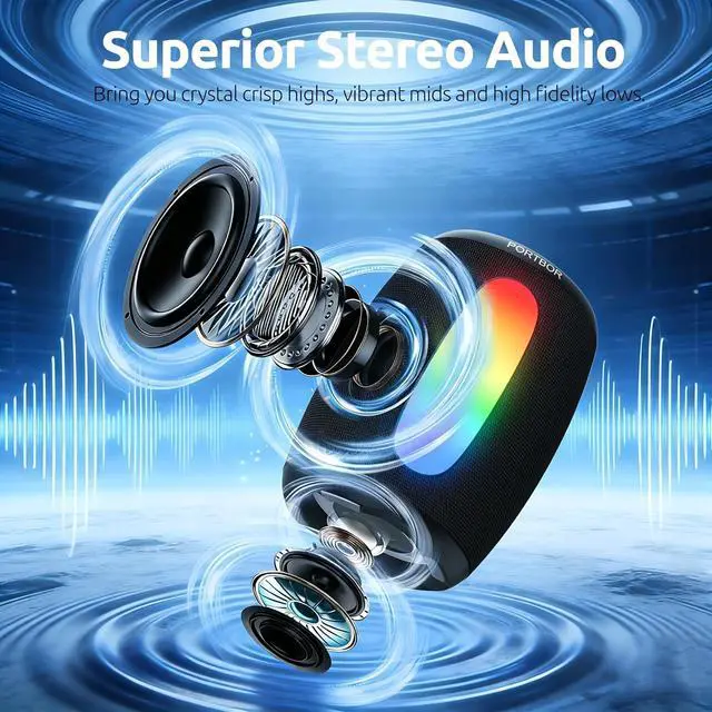 Alt view image 2 of 7 - Portable Bluetooth Speaker, Powerful Stereo Sound, 36H Playtime, IPX5 Waterproof, Wireless BT 5.3,TWS Pairing, Home/Ourtdoor/Beach/Camping/Travel Essentials/School Supplies, Birthday Gifts for Him Her