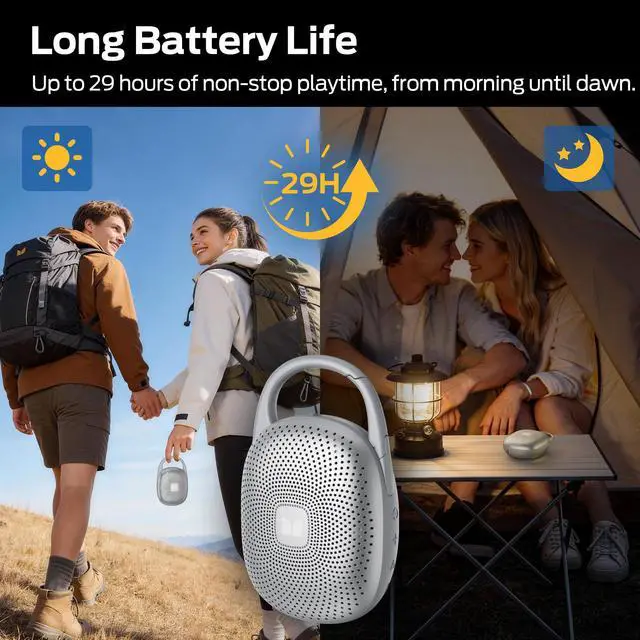 Alt view image 5 of 7 - Bluetooth Speaker Ultra-Portable with Integrated Carabiner Clip, IPX7 Waterproof, 29H Playtime, Bluetooth 6.0, TWS Pair Clip-On Speaker for Outdoor, Hiking, Beach, Shower & Travel, Light Grey