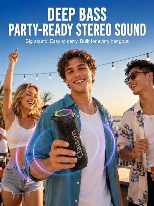 Alt view image 4 of 7 - Portable Bluetooth Speaker, Bluetooth 6.0, Hi-Res Audio, IPX7 Waterproof, Deep Bass Stereo Sound, RGB Light, 24H Playtime, for Home, Party, Outdoor, Camping, Beach, Gift for Men Women Teens