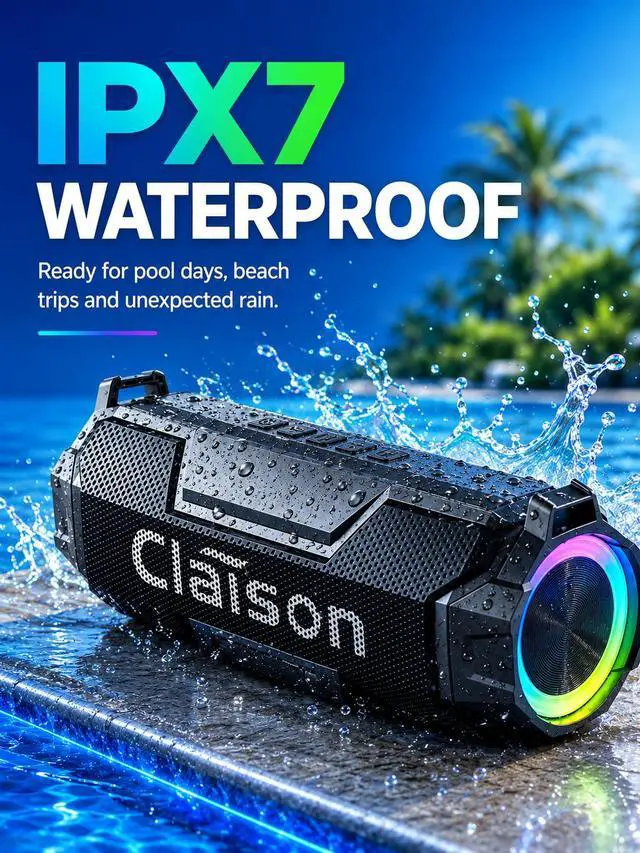 Alt view image 5 of 7 - Portable Bluetooth Speaker, Bluetooth 6.0, Hi-Res Audio, IPX7 Waterproof, Deep Bass Stereo Sound, RGB Light, 24H Playtime, for Home, Party, Outdoor, Camping, Beach, Gift for Men Women Teens