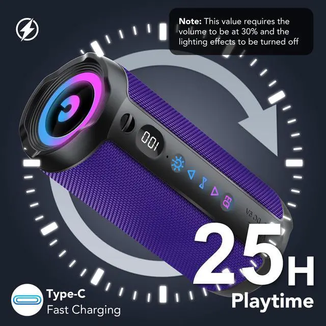 Alt view image 3 of 7 - Portable Bluetooth Speaker, Bluetooth 5.4 Speaker, Dual Speaker with LED Display, Deep Bass,25H Playtime, Colorful RGB Lights,IPX7 Waterproof,TWS Pairing for Outdoor/Home/Party/Travel, Purple