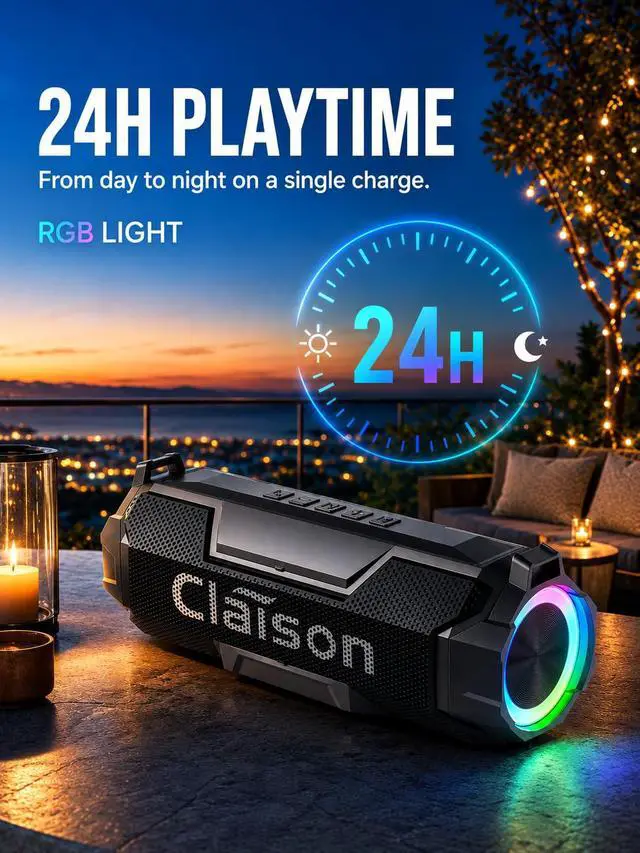 Alt view image 6 of 7 - Portable Bluetooth Speaker, Bluetooth 6.0, Hi-Res Audio, IPX7 Waterproof, Deep Bass Stereo Sound, RGB Light, 24H Playtime, for Home, Party, Outdoor, Camping, Beach, Gift for Men Women Teens