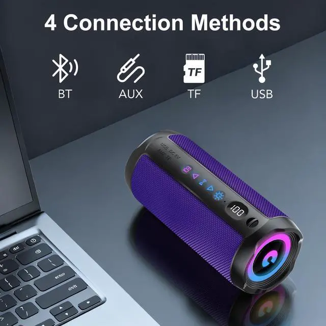 Alt view image 5 of 7 - Portable Bluetooth Speaker, Bluetooth 5.4 Speaker, Dual Speaker with LED Display, Deep Bass,25H Playtime, Colorful RGB Lights,IPX7 Waterproof,TWS Pairing for Outdoor/Home/Party/Travel, Purple