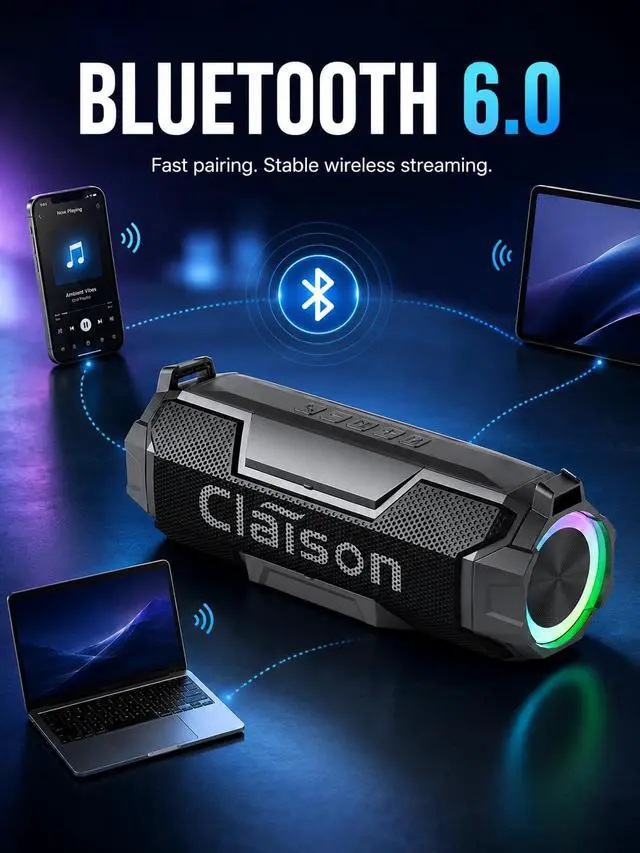 Alt view image 7 of 7 - Portable Bluetooth Speaker, Bluetooth 6.0, Hi-Res Audio, IPX7 Waterproof, Deep Bass Stereo Sound, RGB Light, 24H Playtime, for Home, Party, Outdoor, Camping, Beach, Gift for Men Women Teens